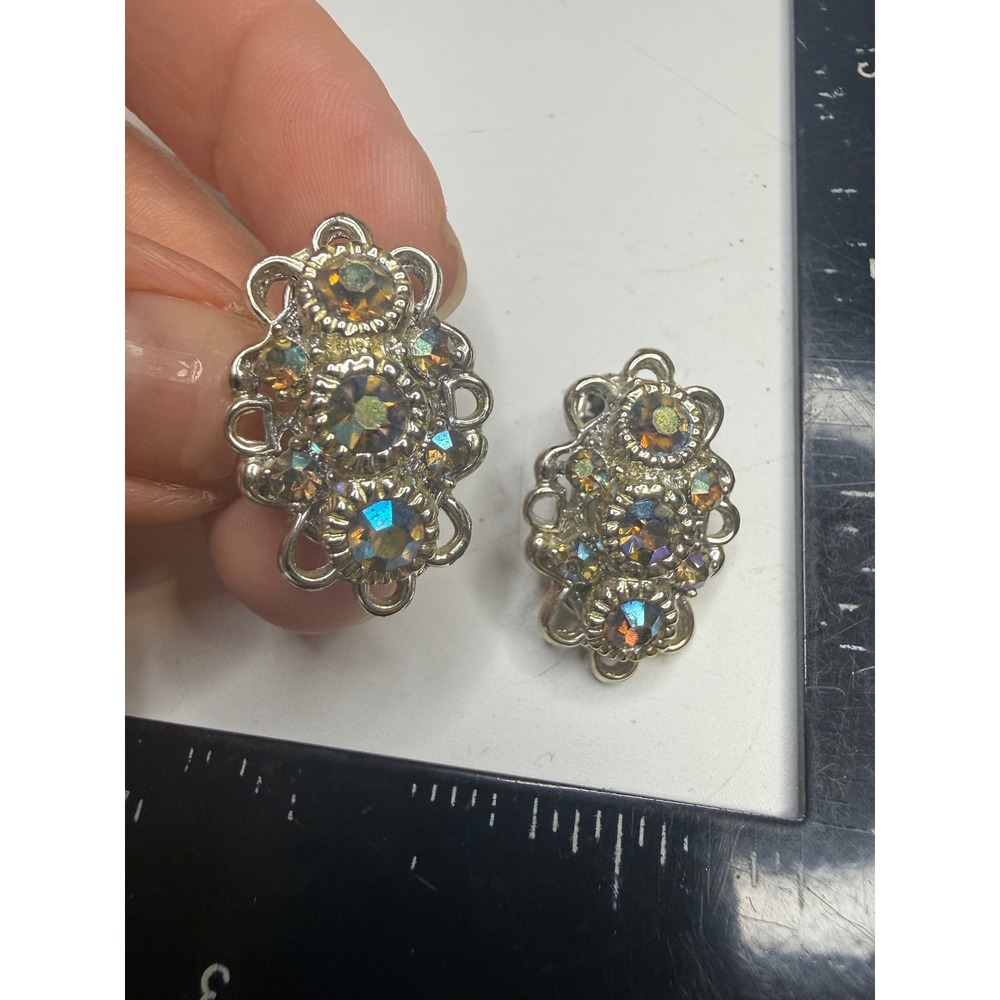 Aurora Borealis Rhinestone Clip On Earrings Silver Tone Filigree Iridescent